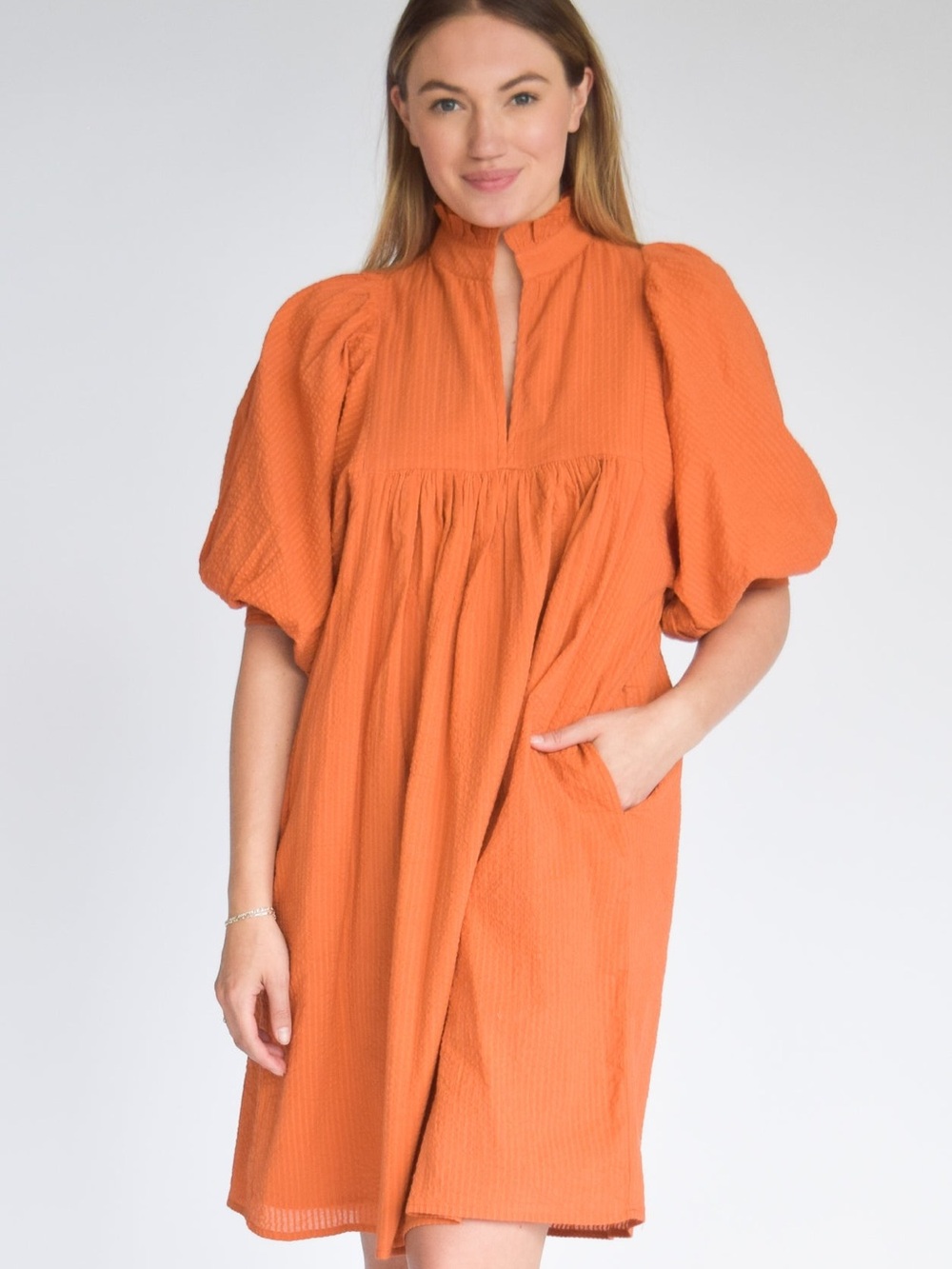High-Neck Orange Mini Dress with Puff Sleeves